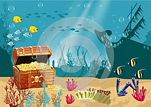 Underwater scenery with an open pirate treasure chest