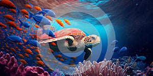 underwater scenery with turtle and fish on it