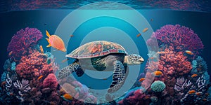 underwater scenery with turtle and fish on it