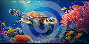 underwater scenery with turtle and fish on it