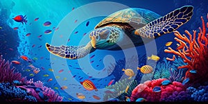 underwater scenery with turtle and fish on it