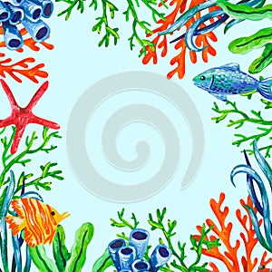 Underwater sea animals, corals and algae color frame background. Acrylic paint hand drwan marine illustration