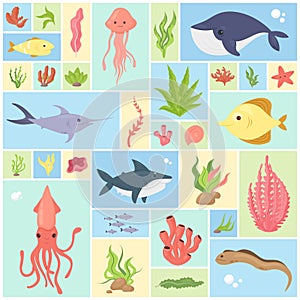 Underwater sea animals and fishes set, happy wild inhabitants of ocean life or aquarium