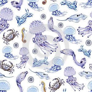 Underwater sea creatures seamless pattern. Hand drawn jellyfish, moray, fish watercolor illustration wallpaper. Nautical