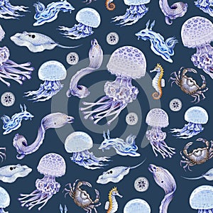 Underwater sea creatures seamless pattern. Hand drawn jellyfish, moray, fish watercolor illustration wallpaper. Ocean