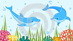 Underwater sea dolphin, vector illustration. Fish in blue ocean water, marine aquatic mammal animal. Wildlife at coral