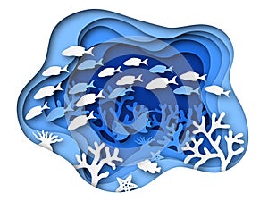 Underwater sea paper cut. Ocean bottom reefs with sea animals, corals and fish, seaweed. Blue seabed paper origami photo