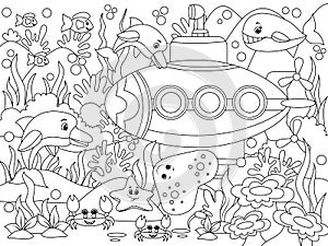 Underwater sea transport, marine livestock, fish. Coloring page outline of cartoon. Raster illustration, coloring book