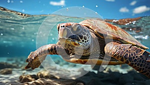 Underwater sea turtle swimming in beautiful tropical blue water generated by AI