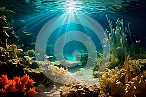 underwater sea world background with coral reef and sunlight