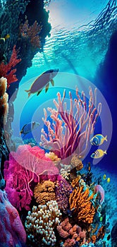 the underwater sea world ecosystem. Colorful tropical fish and life of the coral reef made with generative AI