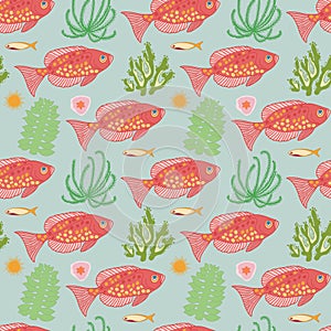 Underwater sea world seamless pattern. Red fishes and green sea weed on light blue background.