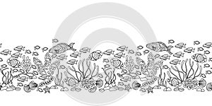 Underwater seamless border. Ocean flora and fauna . Hand drawn horizontal vector illustration on white background