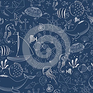Underwater seamless pattern. Seaworld background with cute marine life.