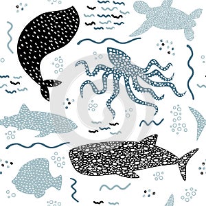 Underwater seamless pattern with whale, squid, fish, turtle and shark on white background. Hand drawn repeat pattern for wrapping.