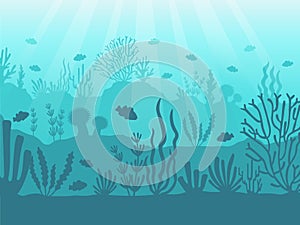 Underwater seascape. Ocean coral reef, deep sea bottom and swimming under water. Marine corals background vector illustration