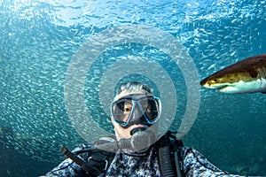 Underwater selfie with great white shark ready to attack a scuba diver