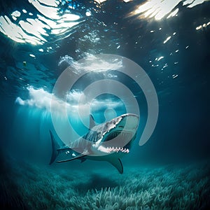 Underwater Shark In Ocean. Generative AI