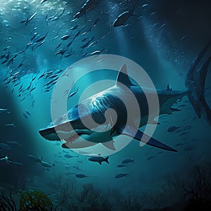 Underwater Shark In Ocean. Generative AI