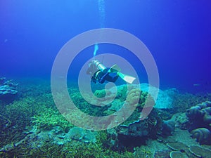 Underwater shoot of a divers swimming in blue clear water