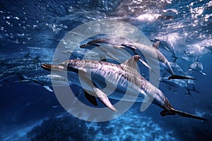 Underwater shot of dolphins swimming gracefully in the ocean