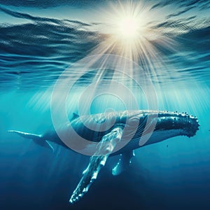 Underwater shot of a humpback whale swimming in blue ocean.