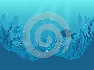 Underwater silhouette background. Undersea coral reef, ocean fish and marine algae cartoon scene. Vector aqua life and