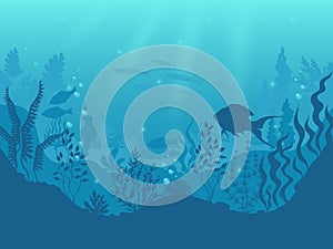 Underwater silhouette background. Undersea coral reef, ocean fish and marine algae cartoon scene. Vector aqua life and photo