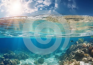 Underwater split between blue ocean and blue sunny sky.Macro.AI Generative