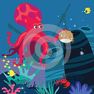 Underwater stage with octopus cartoon illustration