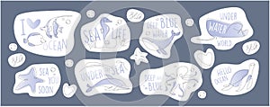 Underwater sticker set One line. outline marine animals emblem. Line art ocean and sea life lettering collection