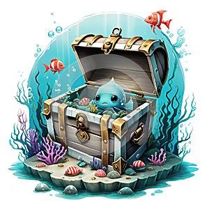 underwater sunken treasure chest, white background, as an illustration, vector graphics for decoration