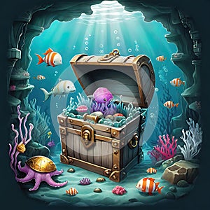 underwater sunken treasure chest, white background, as an illustration, vector graphics for decoration