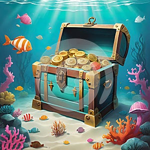 underwater sunken treasure chest, white background, as an illustration, vector graphics for decoration