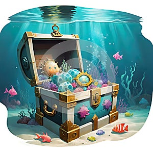 underwater sunken treasure chest, white background, as an illustration, vector graphics for decoration