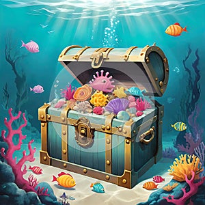 underwater sunken treasure chest, white background, as an illustration, vector graphics for decoration