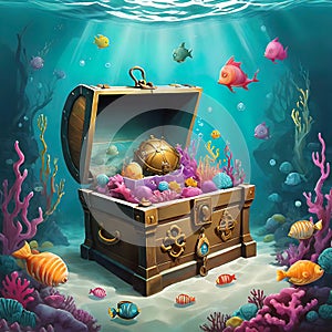 underwater sunken treasure chest, white background, as an illustration, vector graphics for decoration