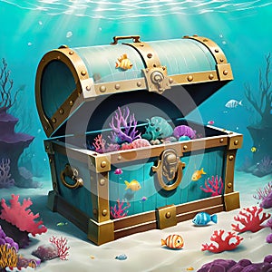 underwater sunken treasure chest, white background, as an illustration, vector graphics for decoration