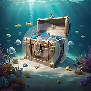 underwater sunken treasure chest, white background, as an illustration, vector graphics for decoration