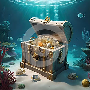 underwater sunken treasure chest, white background, as an illustration, vector graphics for decoration