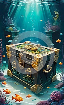 underwater sunken treasure chest, white background, as an illustration, vector graphics for decoration