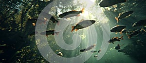 Underwater Sunlight Illuminates School of Fish