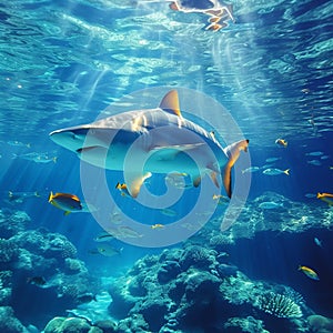 Underwater tranquility Majestic nature, fish swimming in blue sea