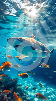 Underwater tranquility Majestic nature, fish swimming in blue sea