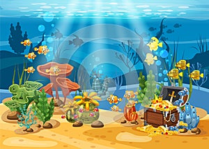 Underwater treasure, chest at the bottom of the ocean, gold, jewelry on the seabed. Underwater landscape, corals
