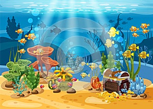 Underwater treasure, chest at the bottom of the ocean, gold, jewelry on the seabed. Underwater landscape, corals