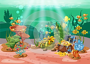 Underwater treasure, chest at the bottom of the ocean, gold, jewelry on the seabed. Underwater landscape, corals