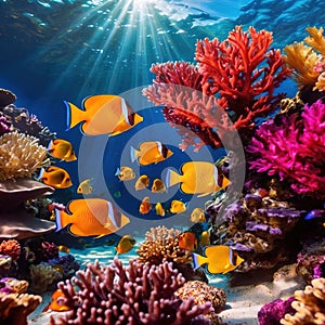 Underwater tropical fish swimming in coral, bright colorful aquarium