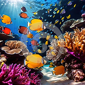 Underwater tropical fish swimming in coral, bright colorful aquarium