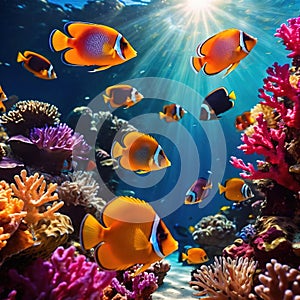 Underwater tropical fish swimming in coral, bright colorful aquarium